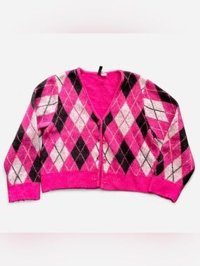 Women's Pink Argyle Button-Front Sweater Cardigan